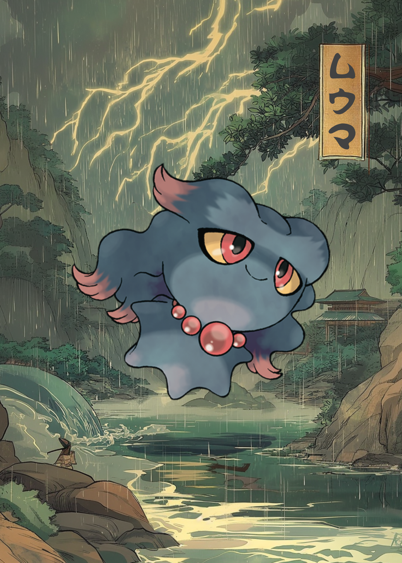 Misdreavus Pokemon in a Japanese-style landscape with lightning and rain.