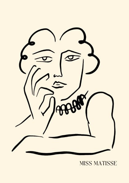 Miss Matisse line art poster featuring a portrait with a beaded necklace on a cream background.