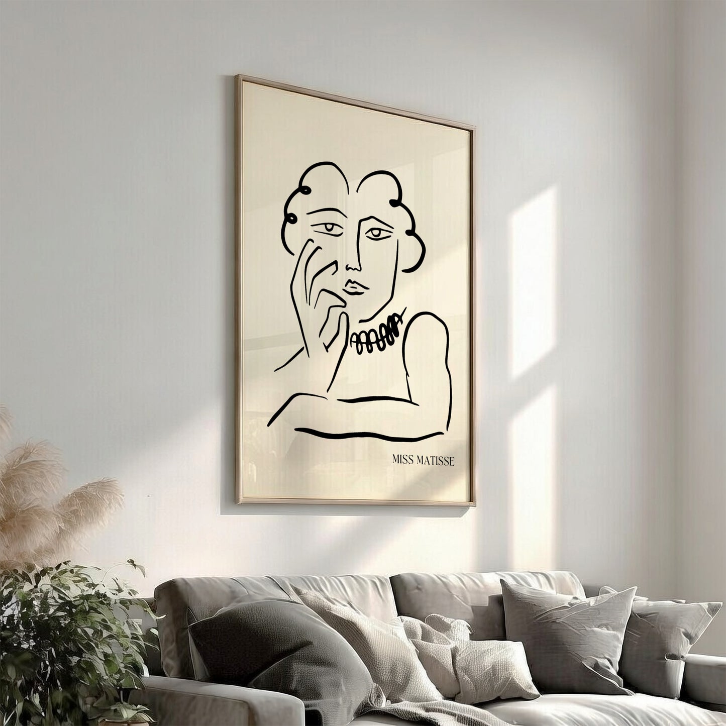 Miss Matisse line art poster featuring a portrait with a beaded necklace on a cream background.