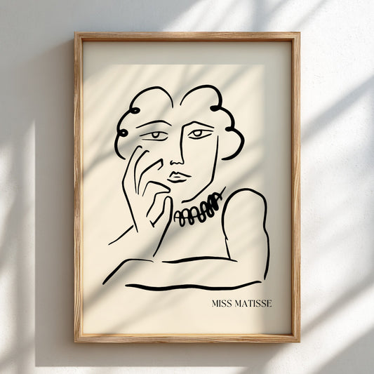 Miss Matisse line art poster featuring a portrait with a beaded necklace on a cream background.