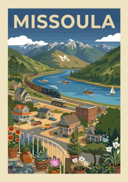 Retro-modern Missoula landscape poster with mountains, river, train, and trolley in blues and greens.