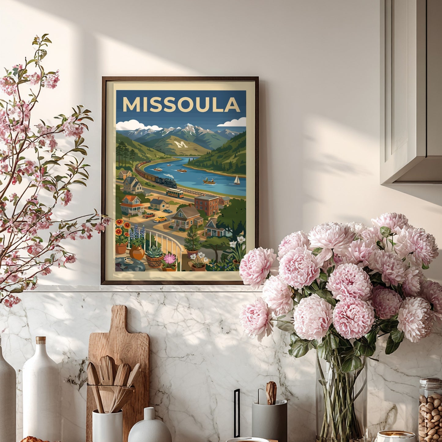 Retro-modern Missoula landscape poster with mountains, river, train, and trolley in blues and greens.