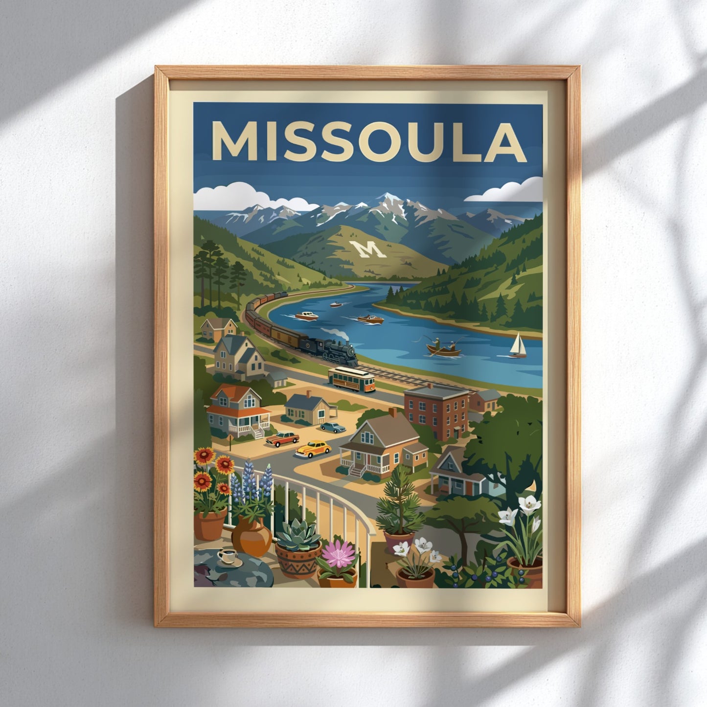 Retro-modern Missoula landscape poster with mountains, river, train, and trolley in blues and greens.