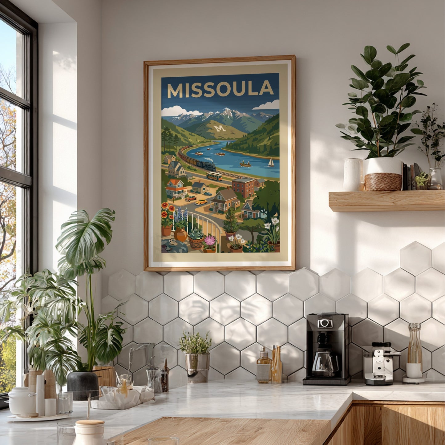 Retro-modern Missoula landscape poster with mountains, river, train, and trolley in blues and greens.