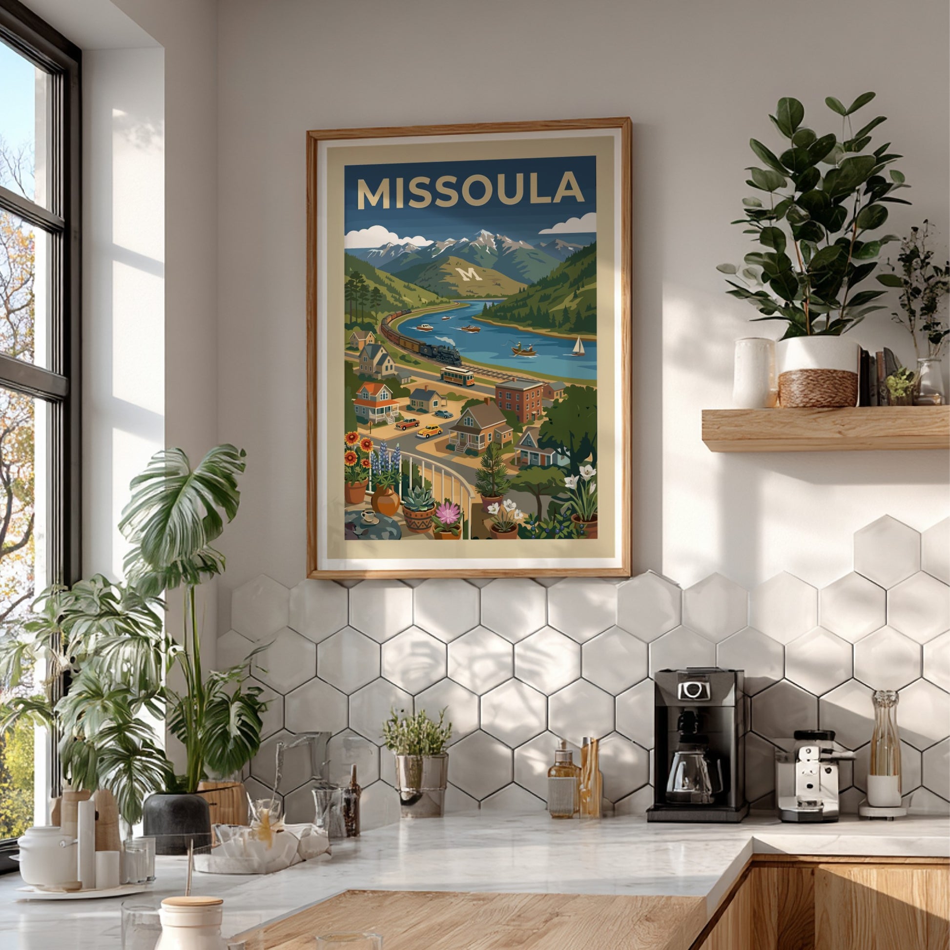 Retro-modern Missoula landscape poster with mountains, river, train, and trolley in blues and greens.