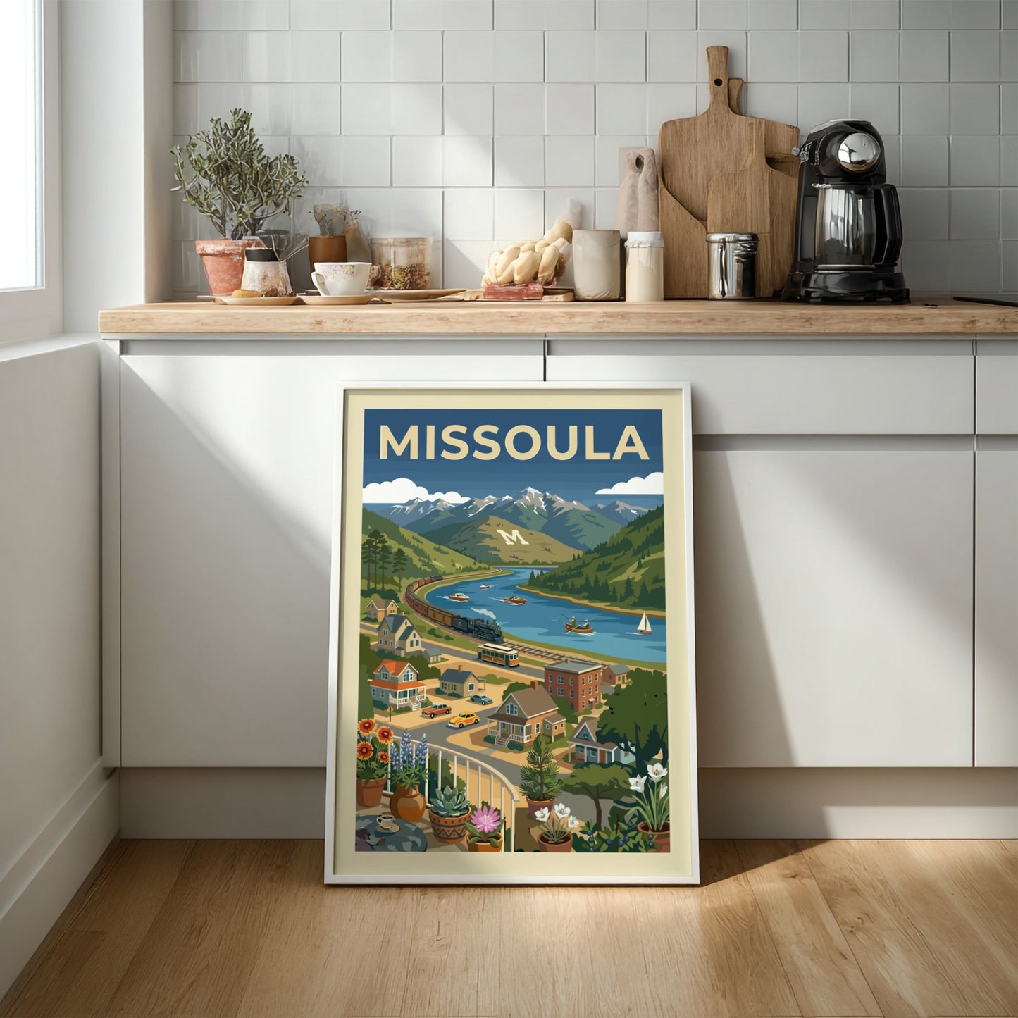 Retro-modern Missoula landscape poster with mountains, river, train, and trolley in blues and greens.