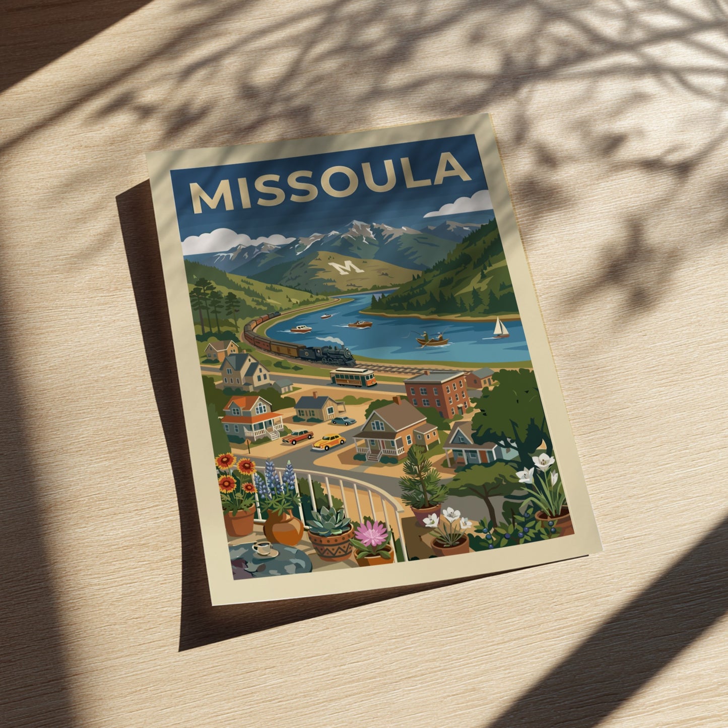 Retro-modern Missoula landscape poster with mountains, river, train, and trolley in blues and greens.