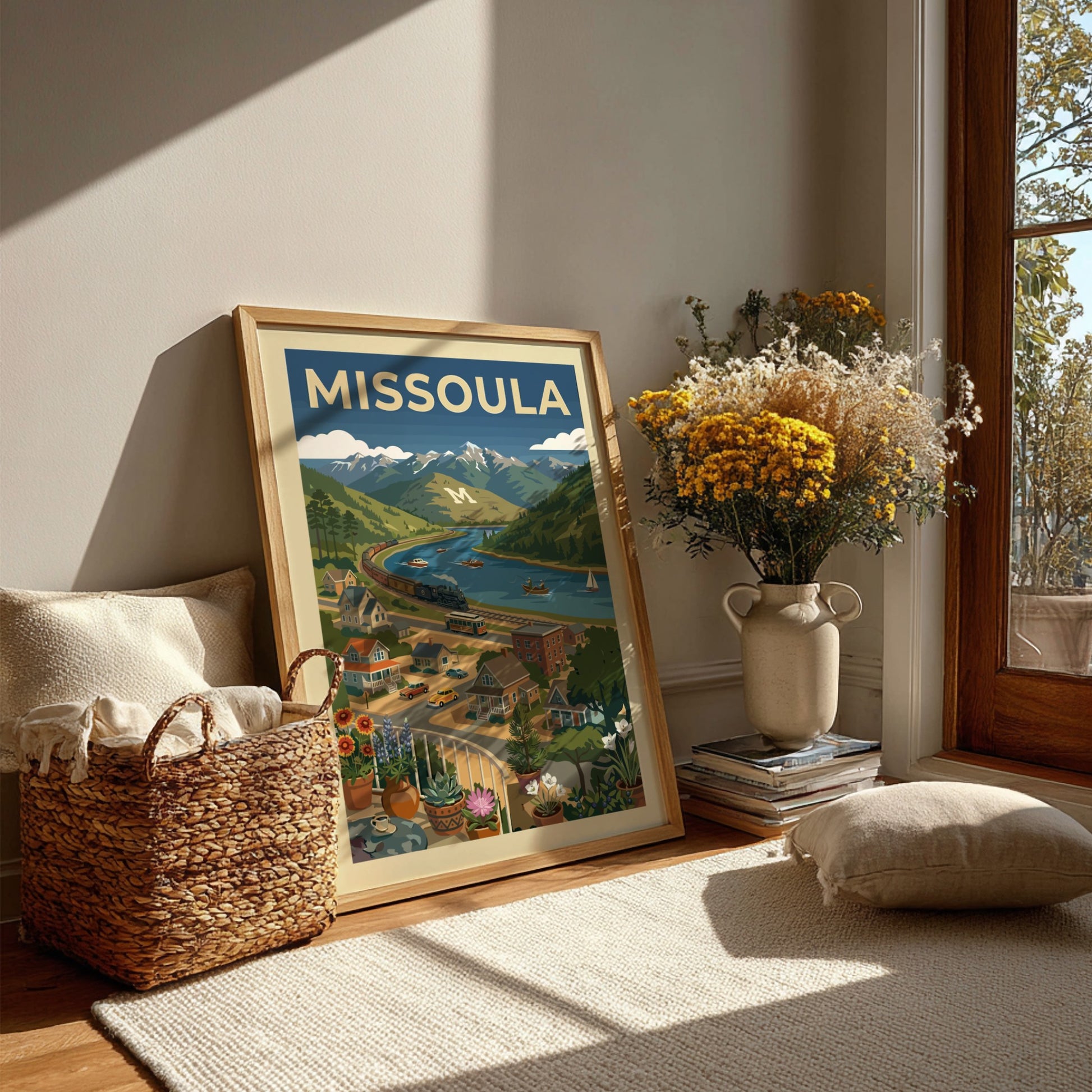 Retro-modern Missoula landscape poster with mountains, river, train, and trolley in blues and greens.
