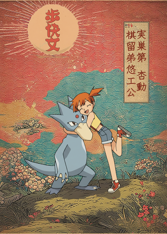Misty & Golduck Pokemon in a stylized landscape with traditional elements.