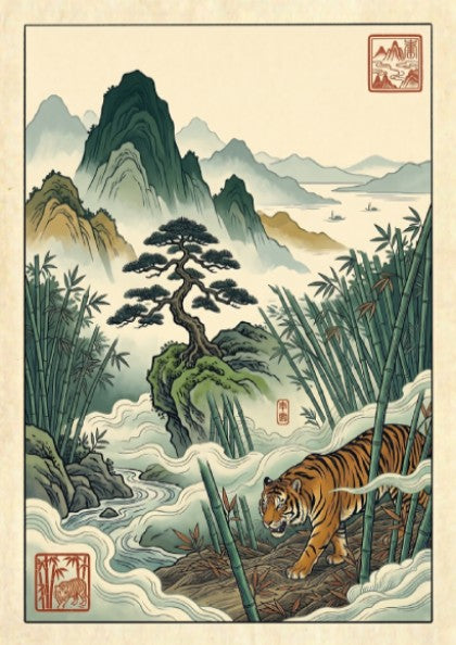 Japanese art style poster featuring bamboo, mountains, and a tiger in soft colors