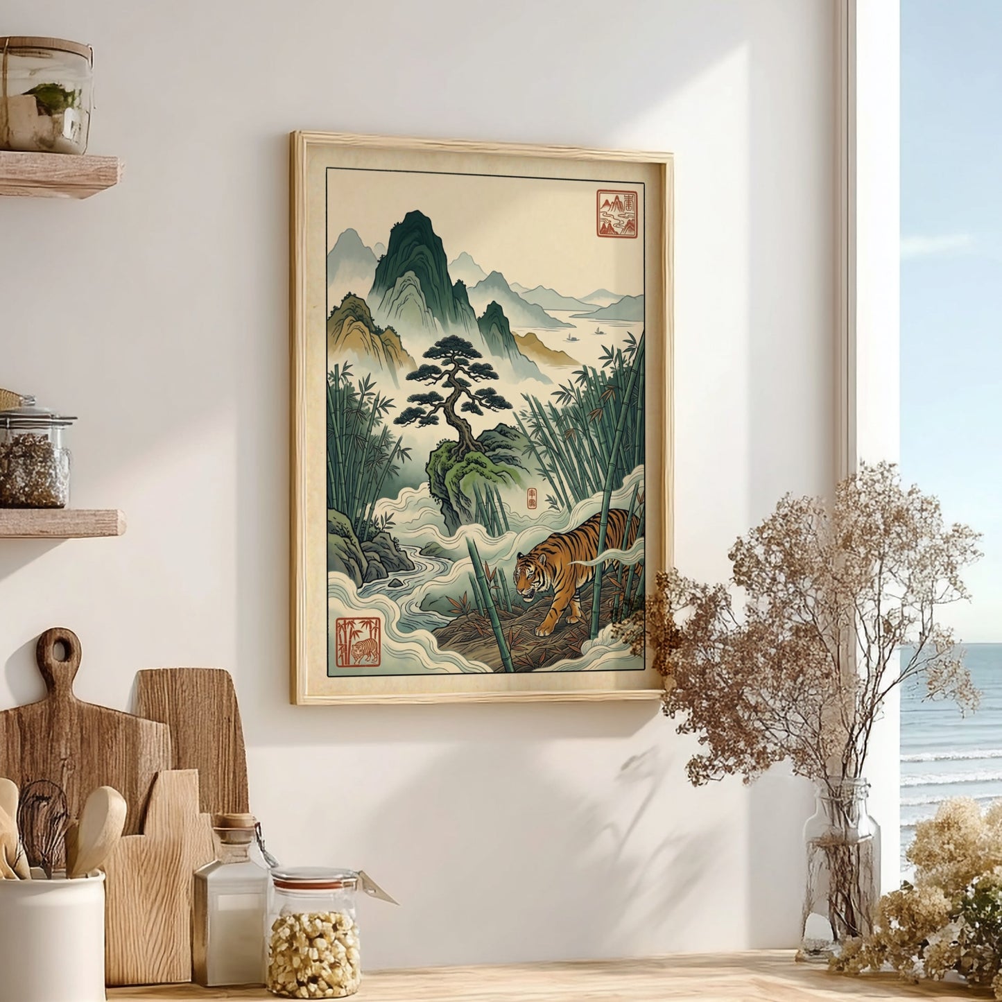 Japanese art style poster featuring bamboo, mountains, and a tiger in soft colors