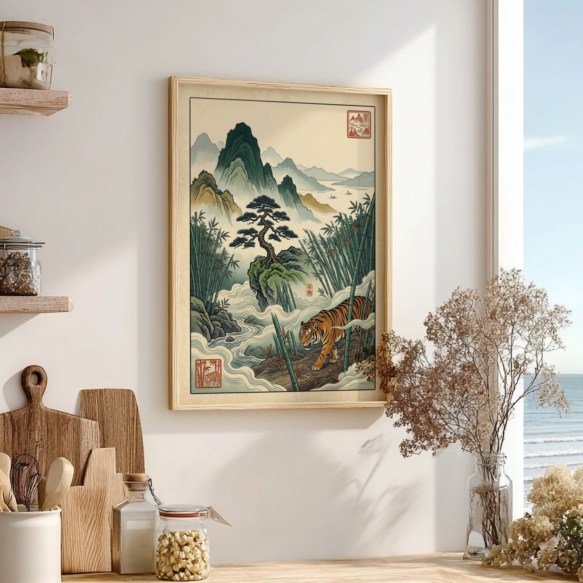 Japanese art style poster featuring bamboo, mountains, and a tiger in soft colors