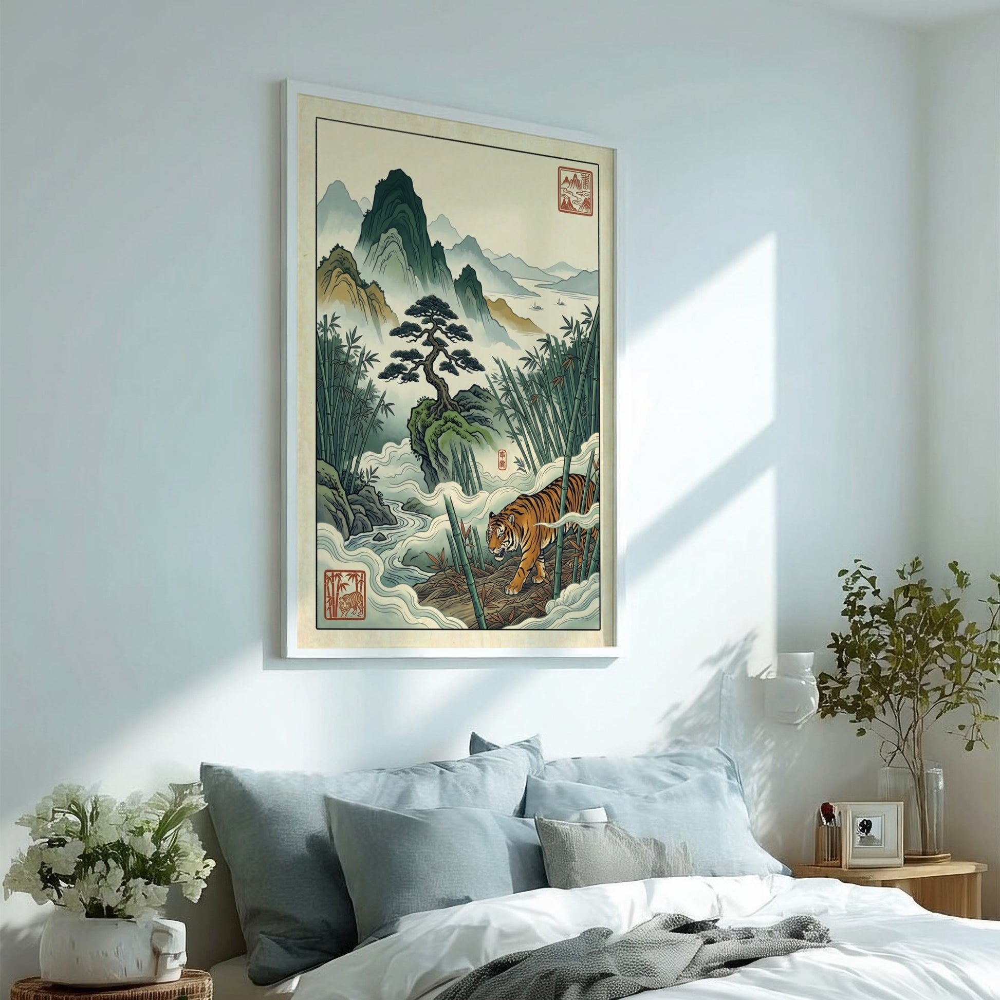 Japanese art style poster featuring bamboo, mountains, and a tiger in soft colors