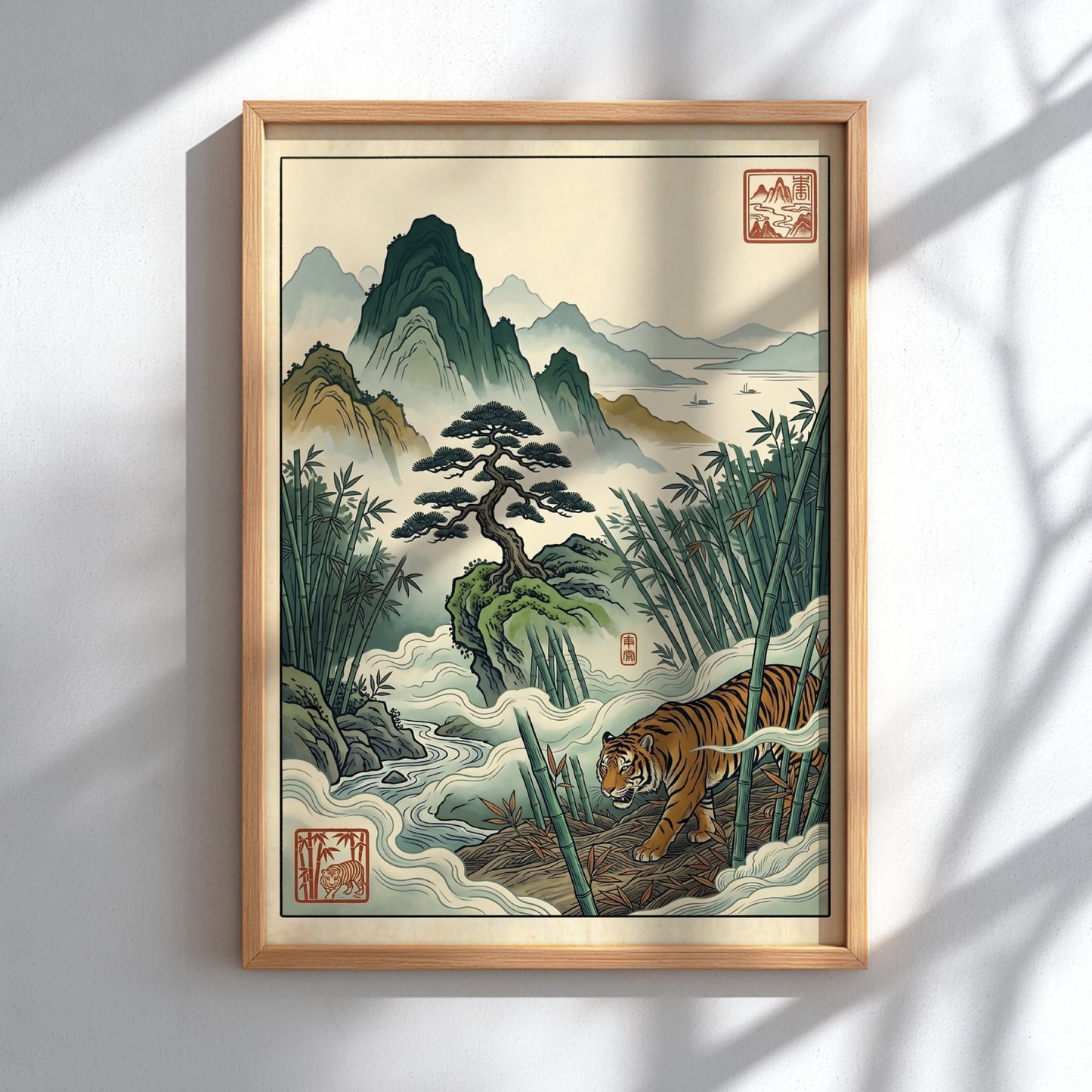 Japanese art style poster featuring bamboo, mountains, and a tiger in soft colors