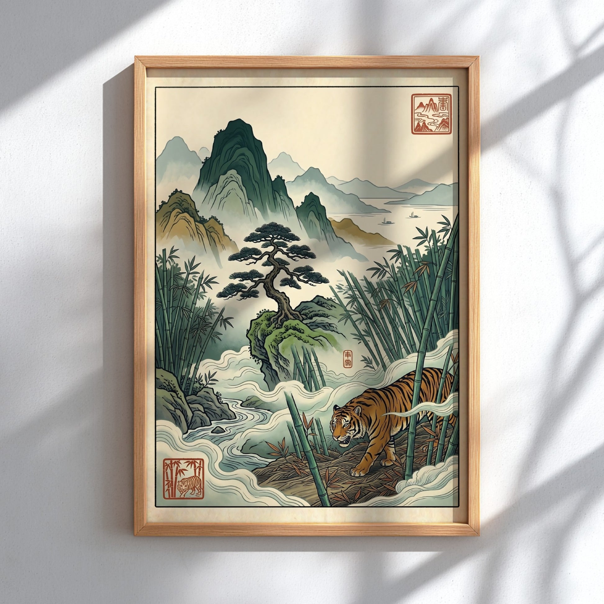 Japanese art style poster featuring bamboo, mountains, and a tiger in soft colors