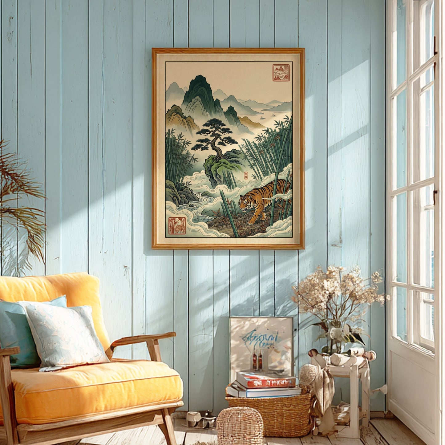 Japanese art style poster featuring bamboo, mountains, and a tiger in soft colors