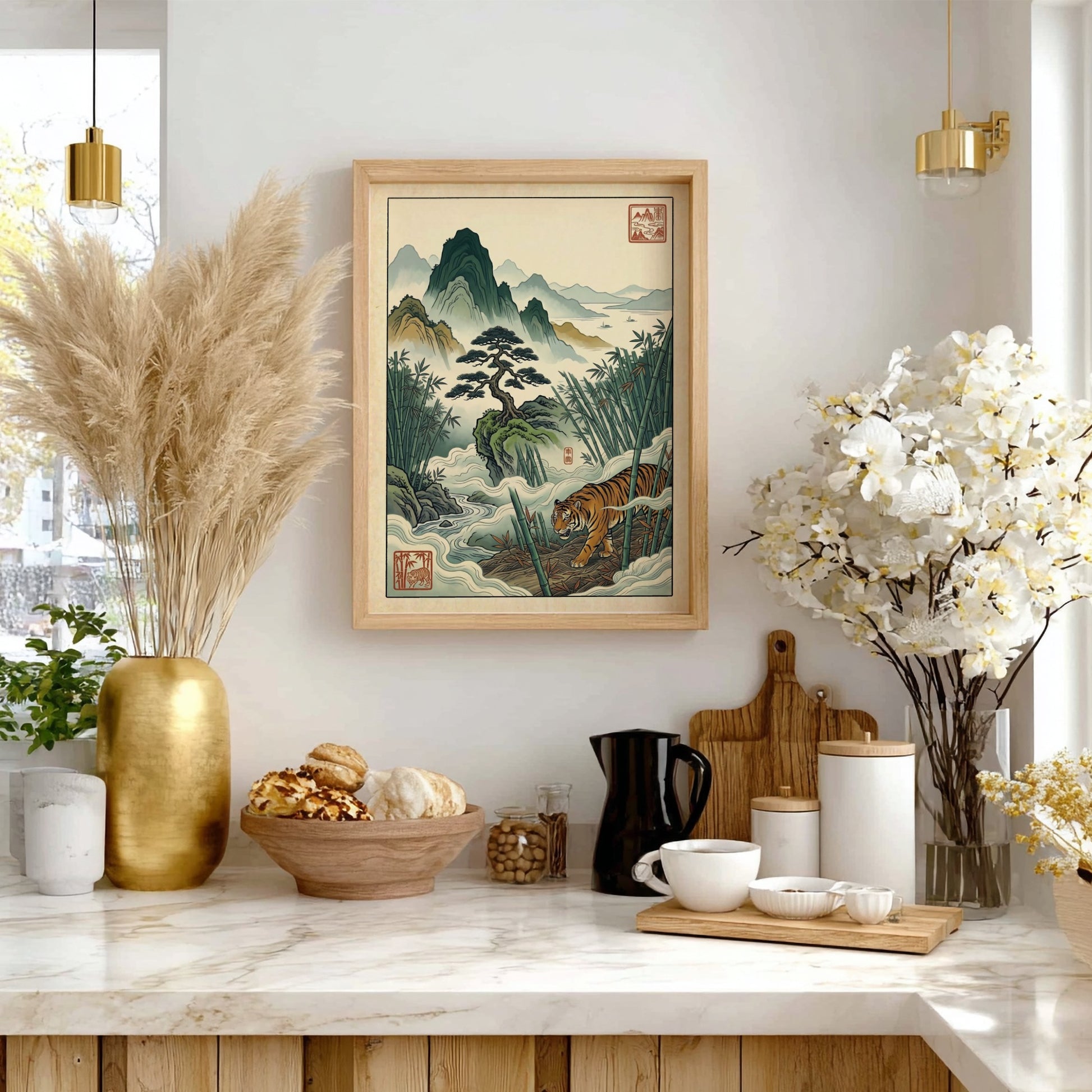 Japanese art style poster featuring bamboo, mountains, and a tiger in soft colors