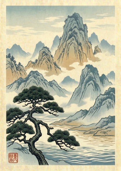 Japanese art style poster featuring misty pine mountains in soft blue and earth tones