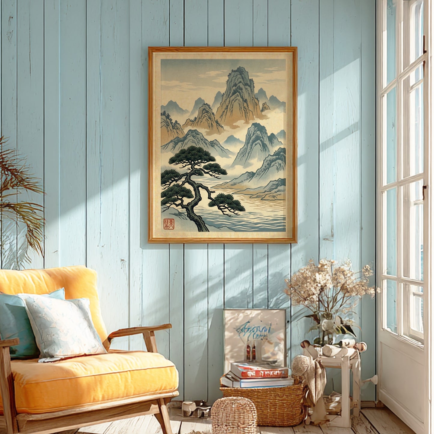 Japanese art style poster featuring misty pine mountains in soft blue and earth tones