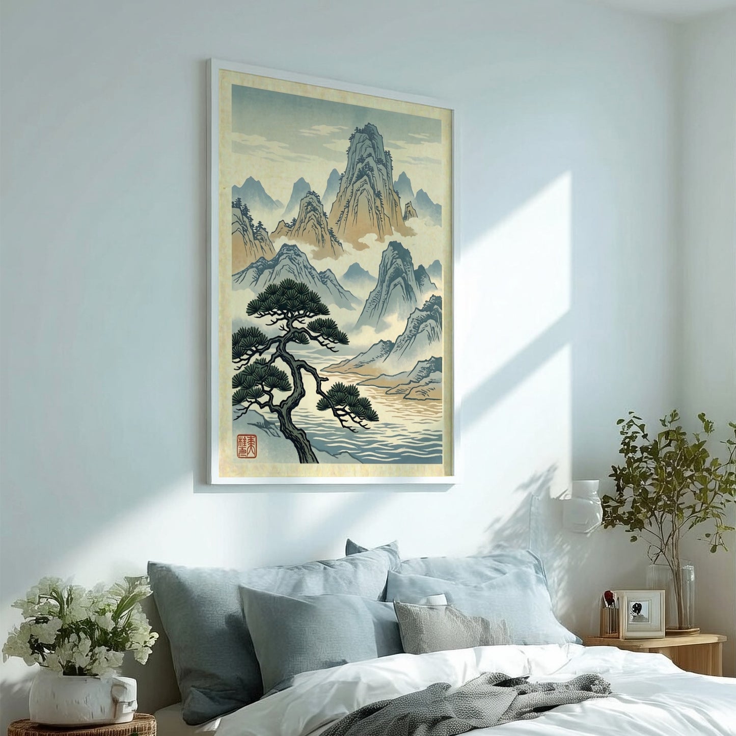 Japanese art style poster featuring misty pine mountains in soft blue and earth tones