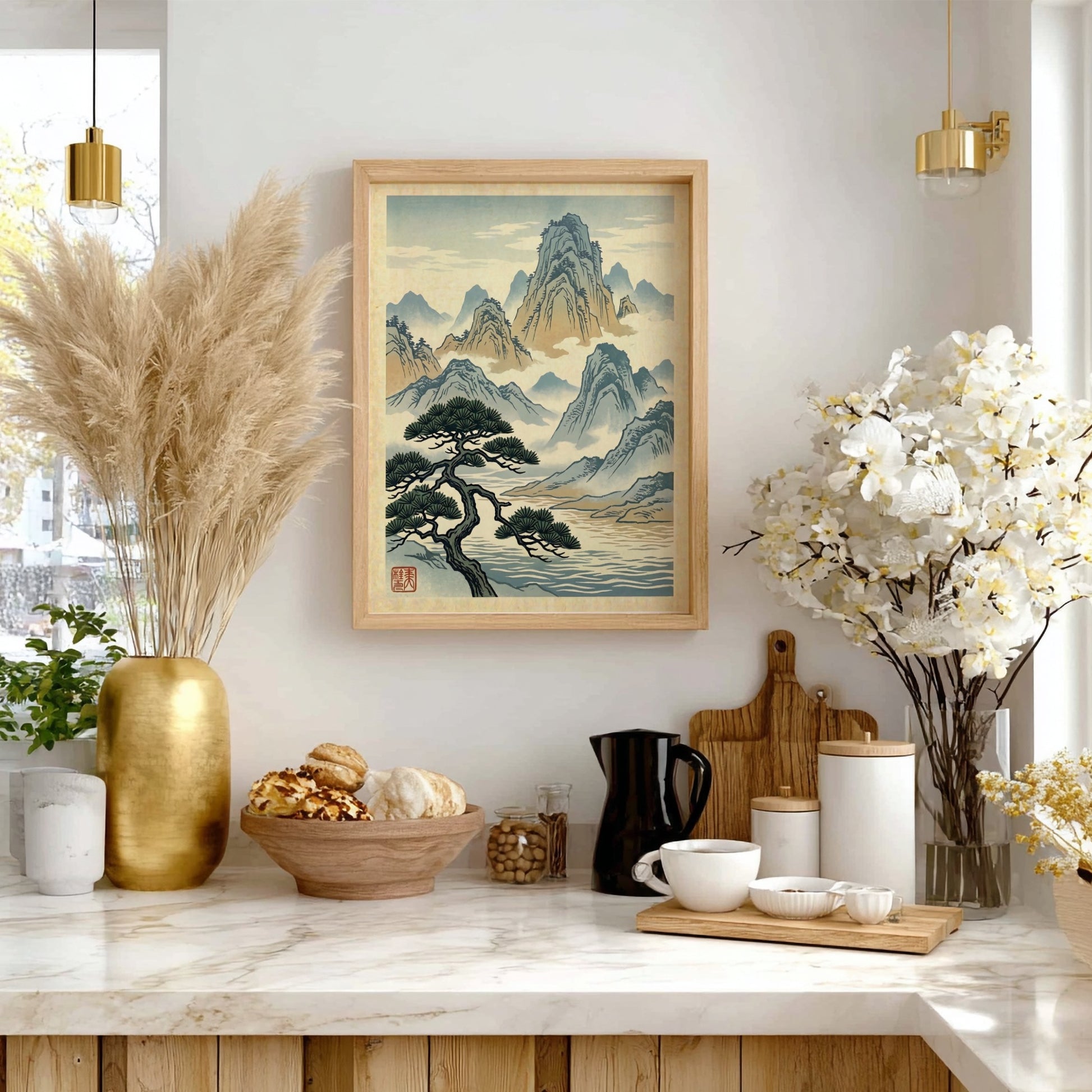 Japanese art style poster featuring misty pine mountains in soft blue and earth tones