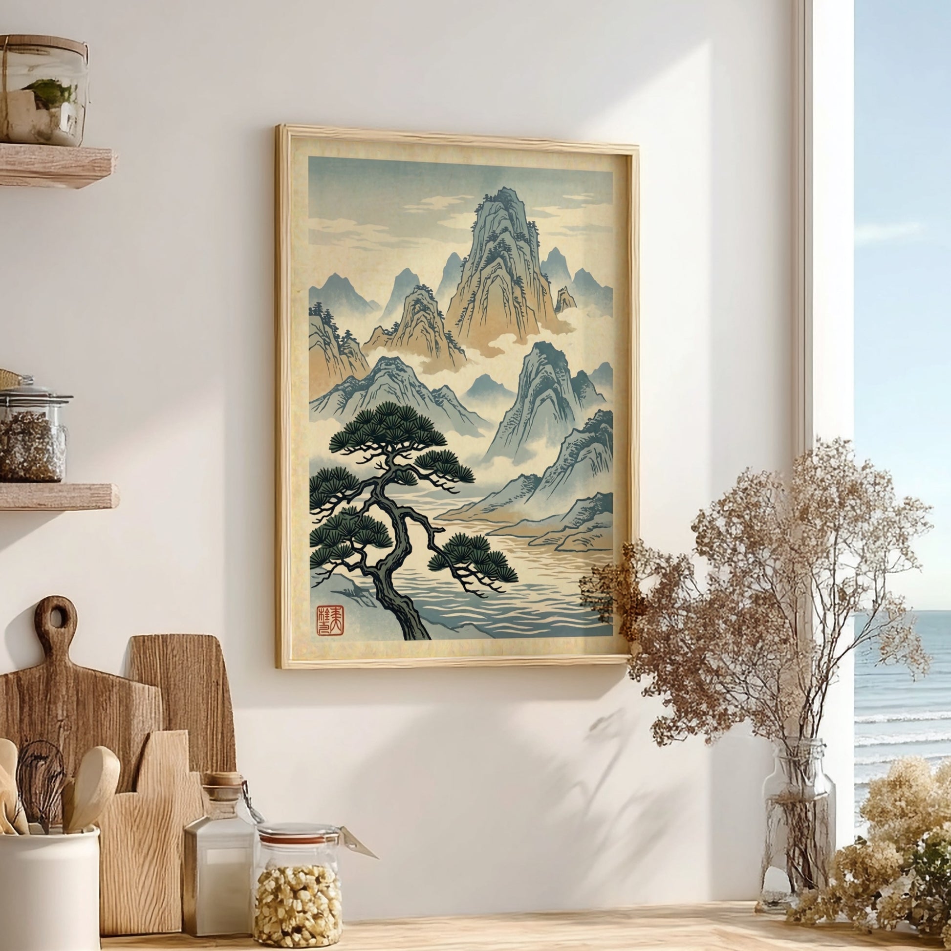 Japanese art style poster featuring misty pine mountains in soft blue and earth tones