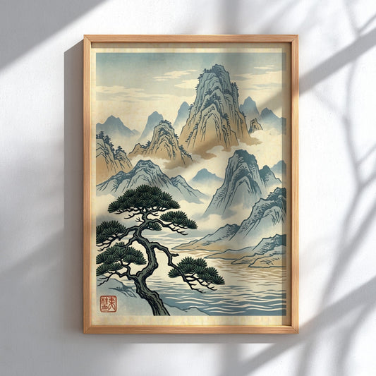 Japanese art style poster featuring misty pine mountains in soft blue and earth tones