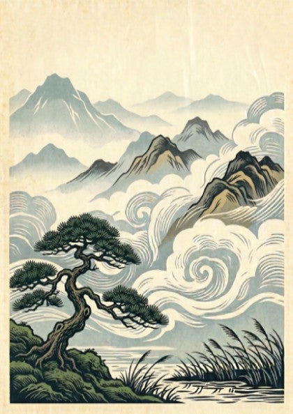 Japanese art style poster featuring a misty pine landscape with soft colors and swirling clouds