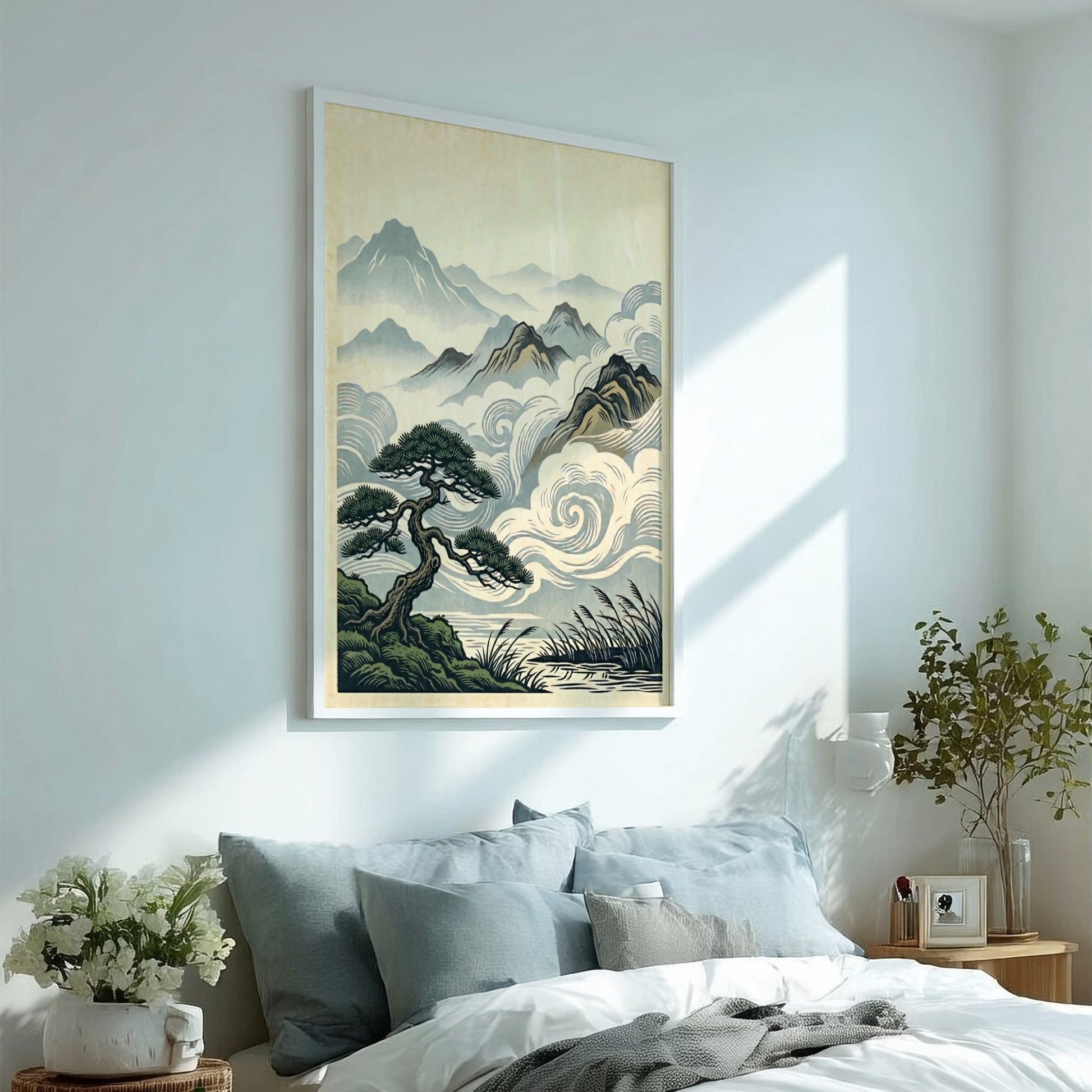Japanese art style poster featuring a misty pine landscape with soft colors and swirling clouds