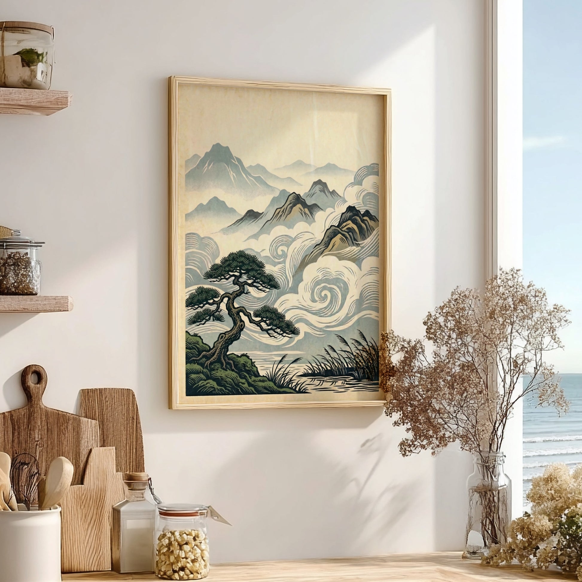Japanese art style poster featuring a misty pine landscape with soft colors and swirling clouds