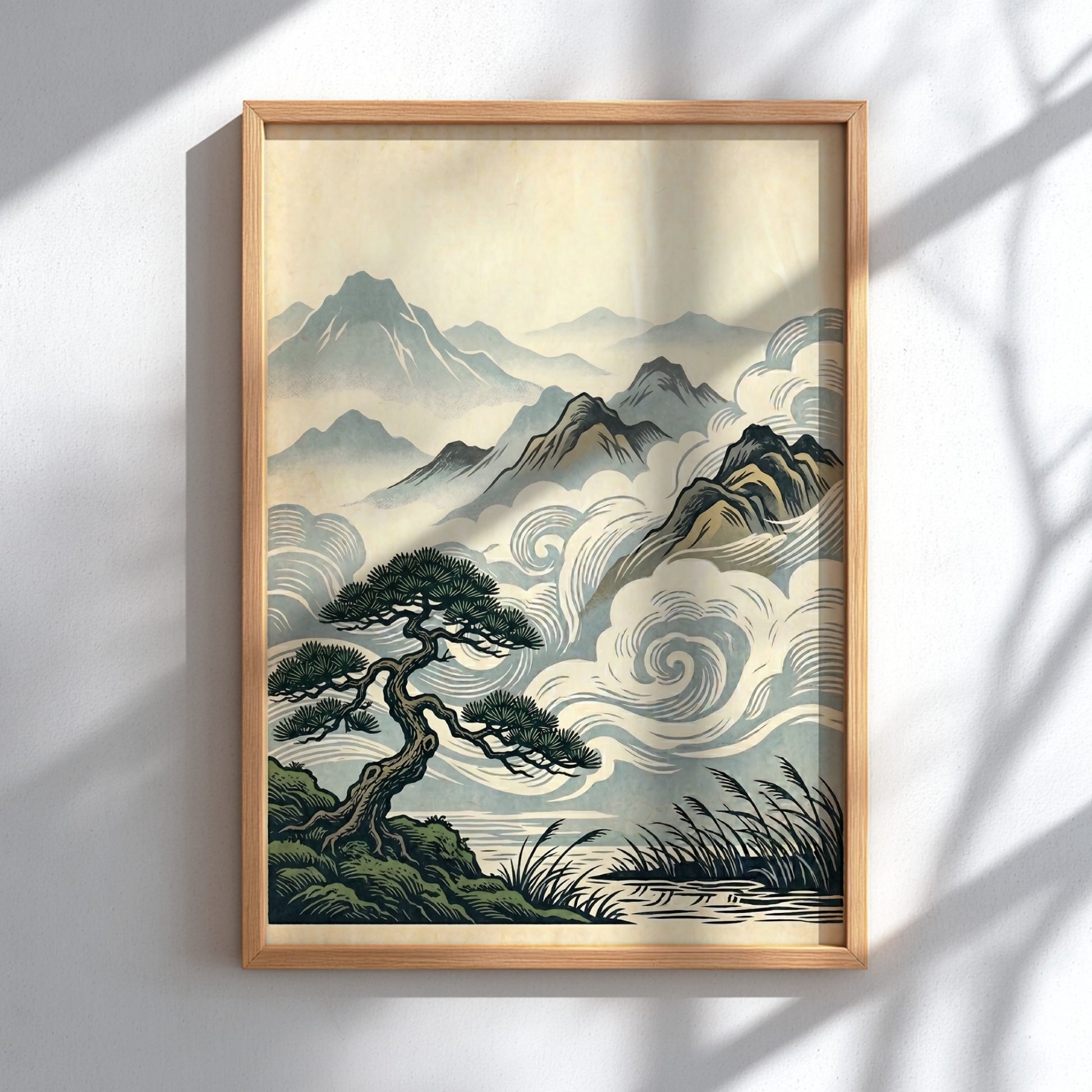Japanese art style poster featuring a misty pine landscape with soft colors and swirling clouds