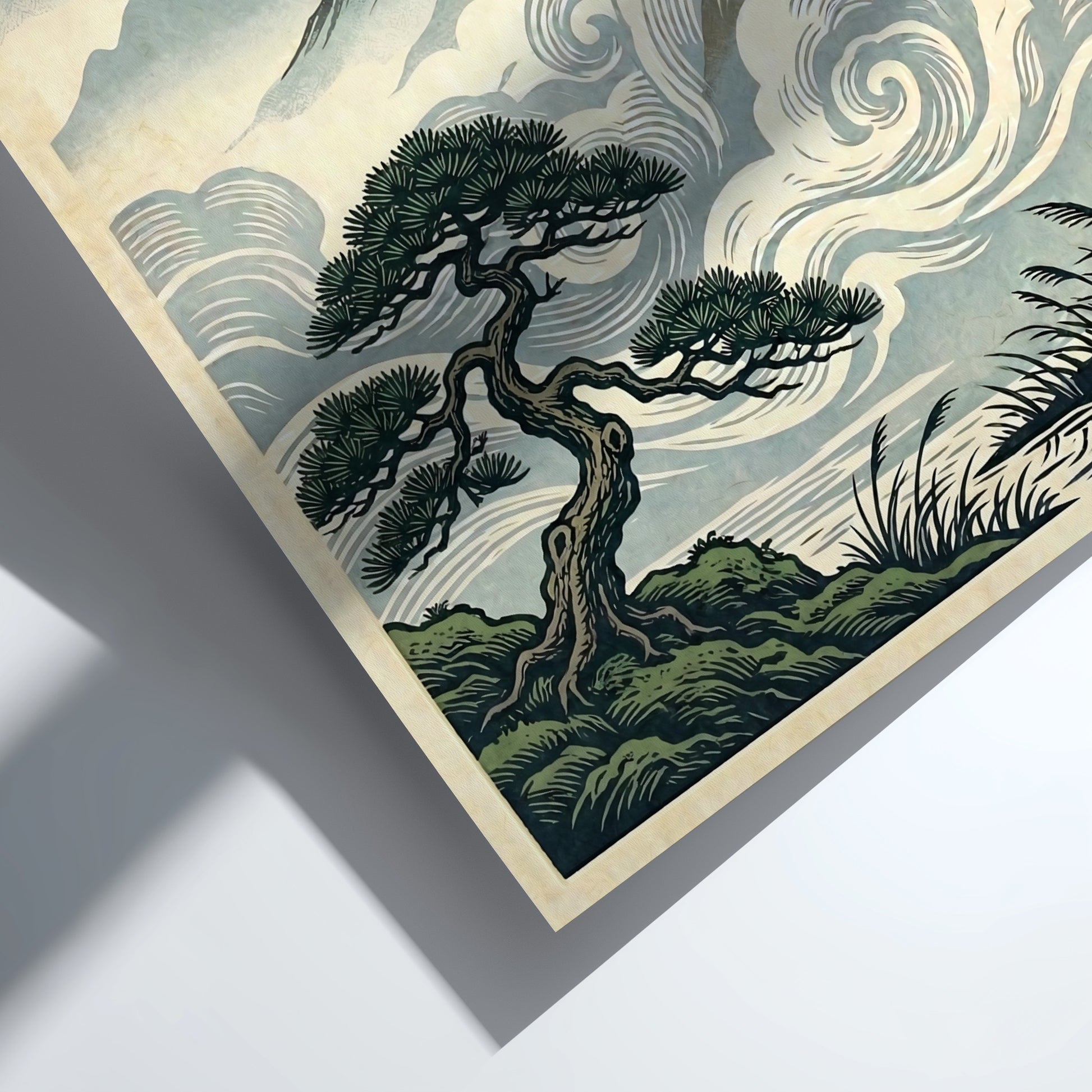 Japanese art style poster featuring a misty pine landscape with soft colors and swirling clouds