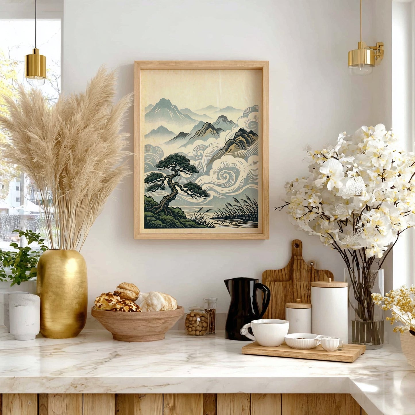 Japanese art style poster featuring a misty pine landscape with soft colors and swirling clouds