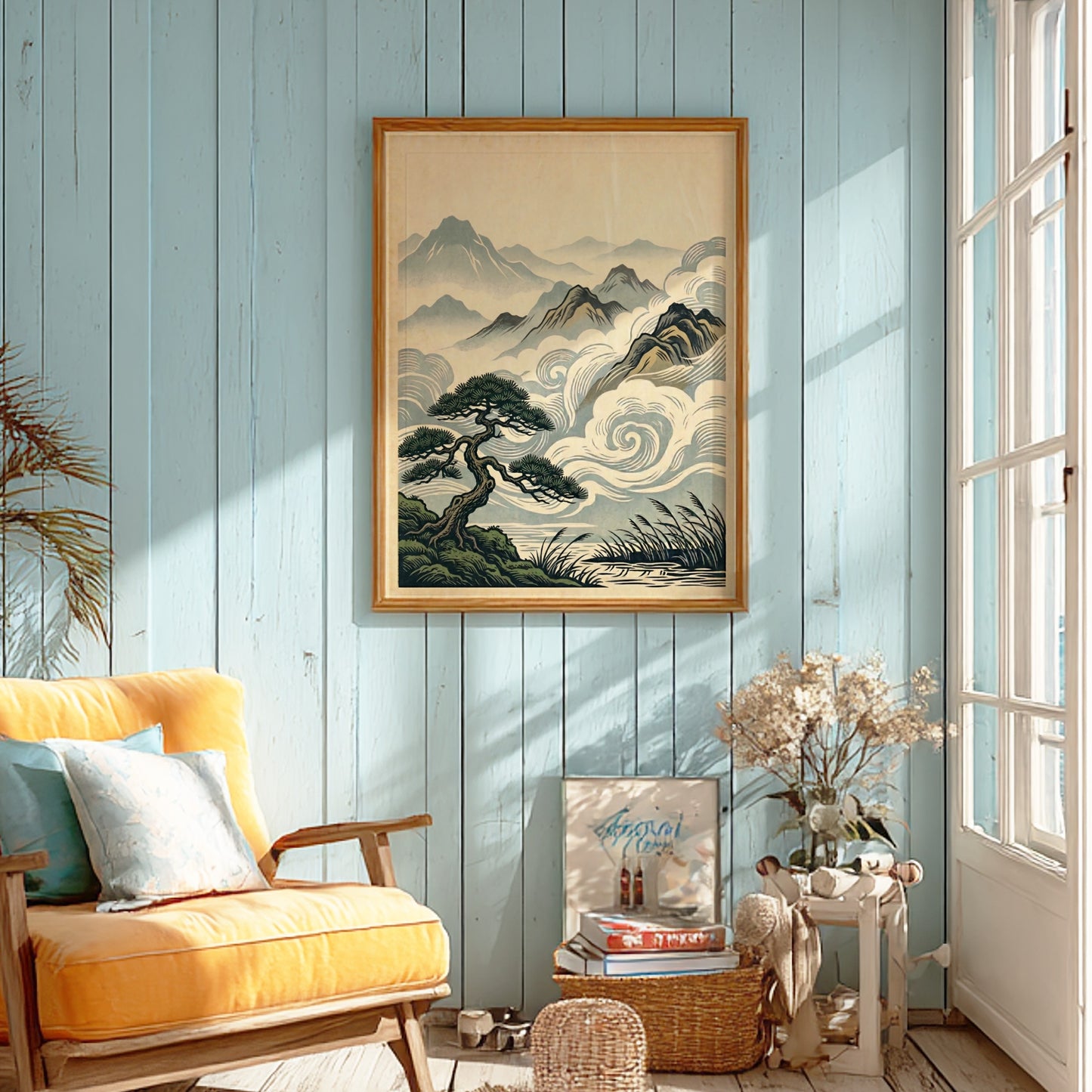 Japanese art style poster featuring a misty pine landscape with soft colors and swirling clouds