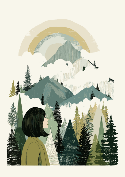 Illustration of a person standing in a forest with mountains and a rainbow in the background