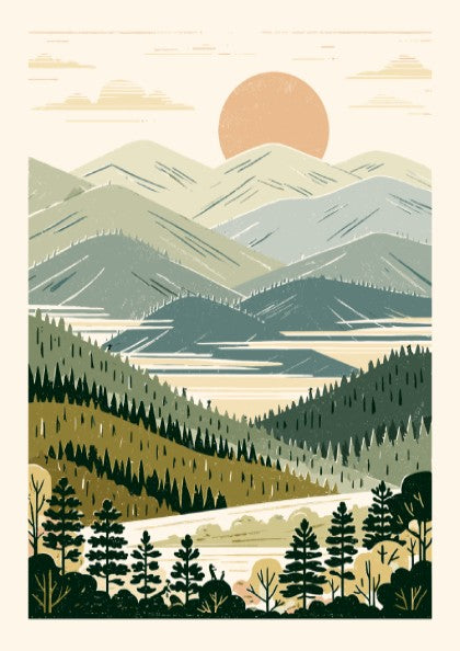 Misty Valley poster featuring a stylized landscape with mountains, lake, and forests in muted colors.