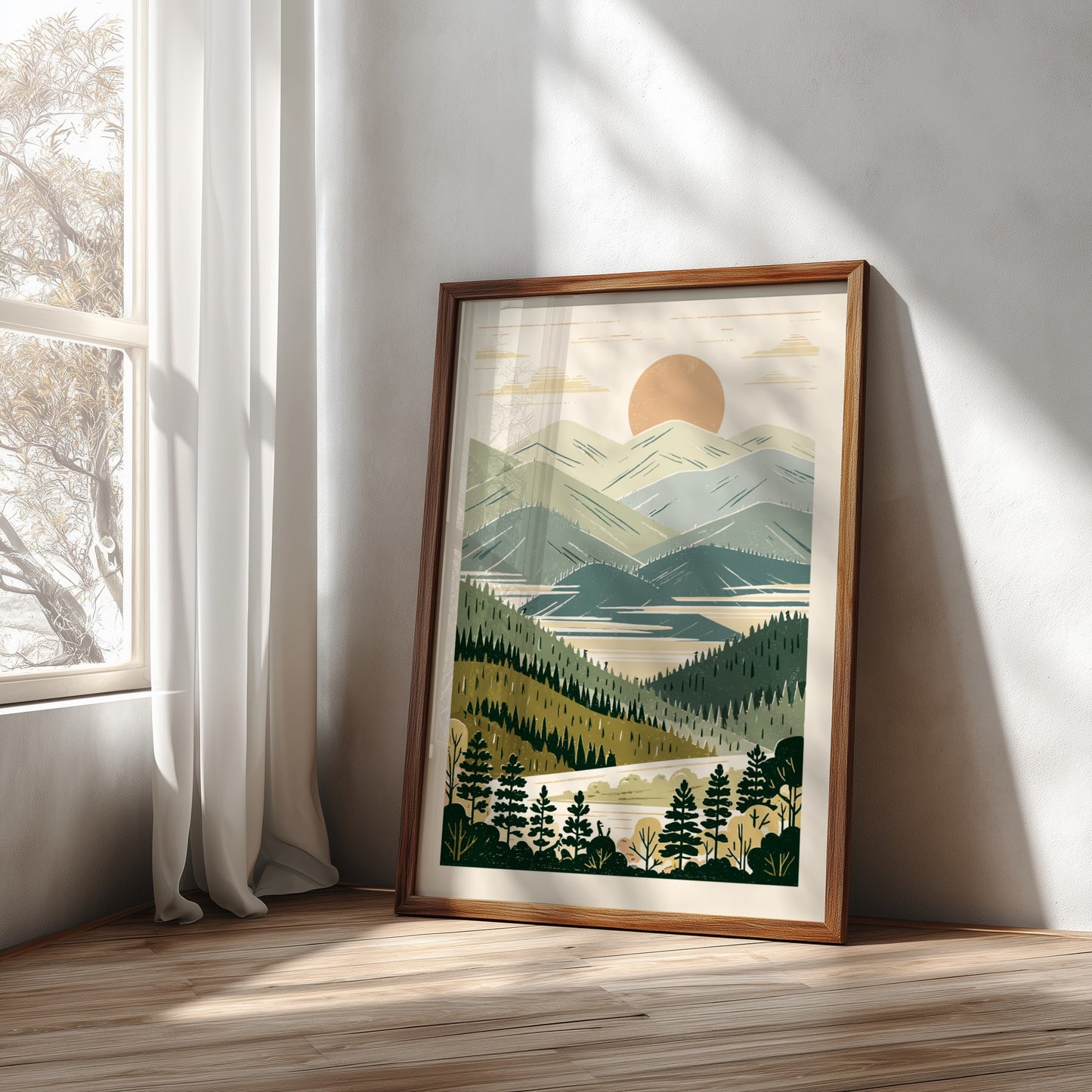 Misty Valley poster featuring a stylized landscape with mountains, lake, and forests in muted colors.