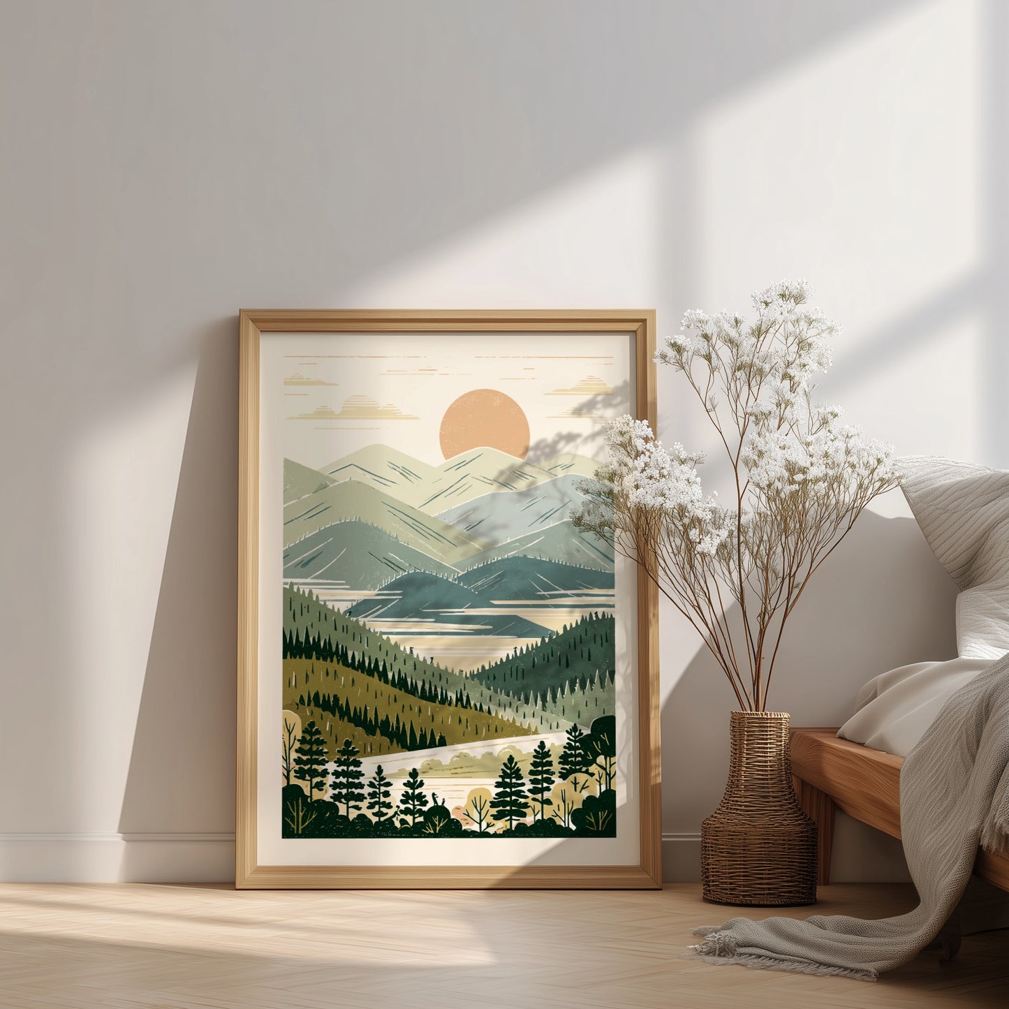 Misty Valley poster featuring a stylized landscape with mountains, lake, and forests in muted colors.