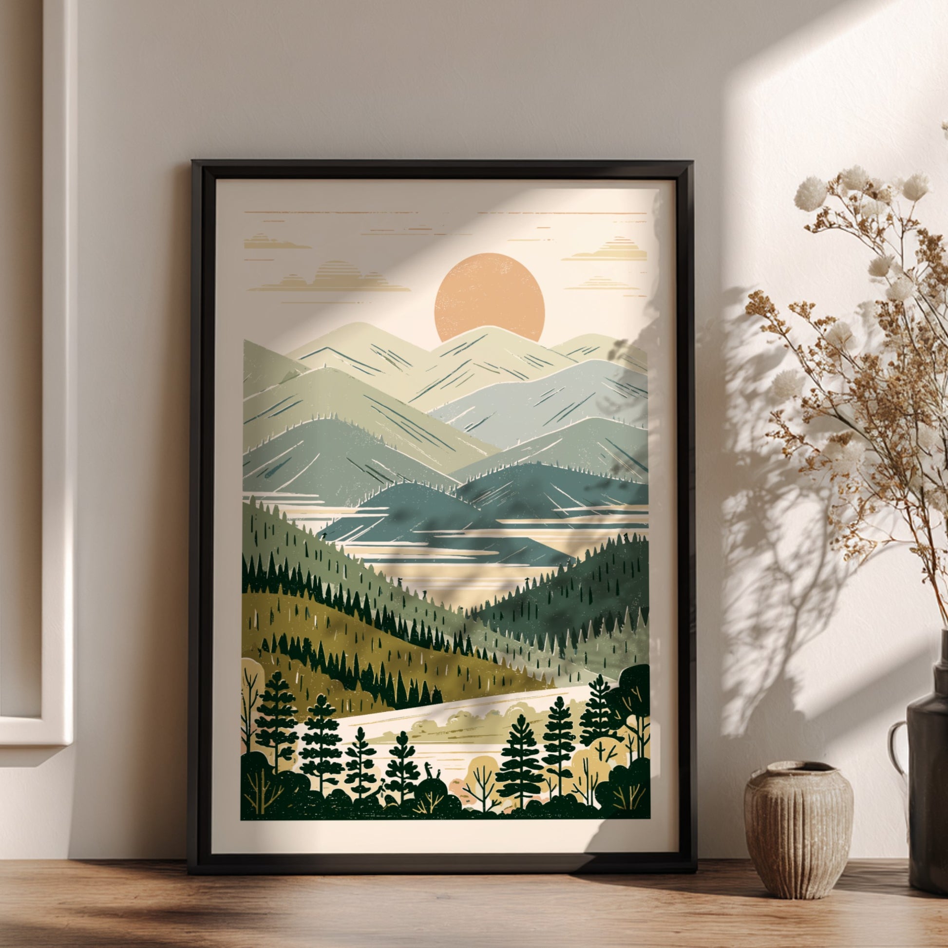 Misty Valley poster featuring a stylized landscape with mountains, lake, and forests in muted colors.