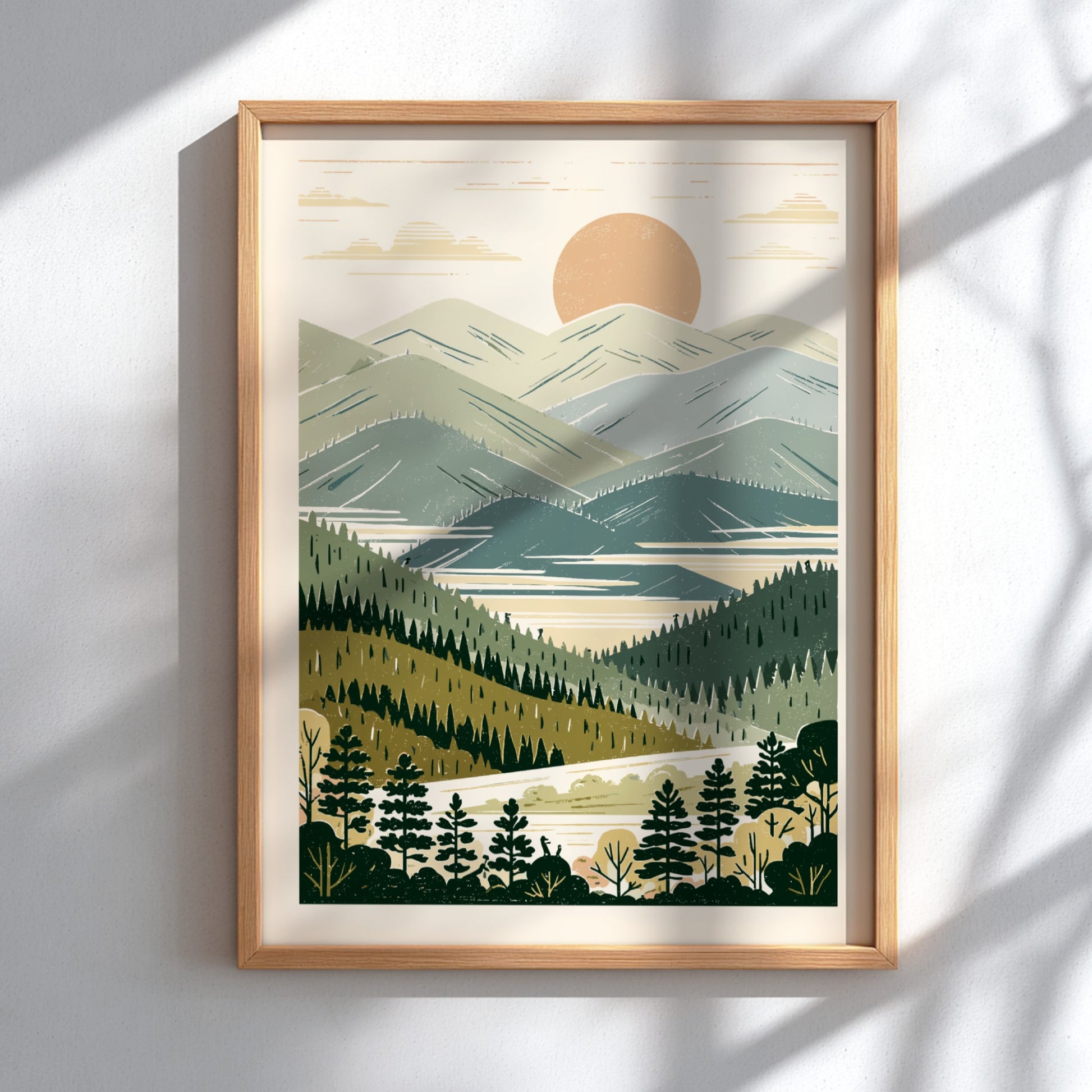 Misty Valley poster featuring a stylized landscape with mountains, lake, and forests in muted colors.