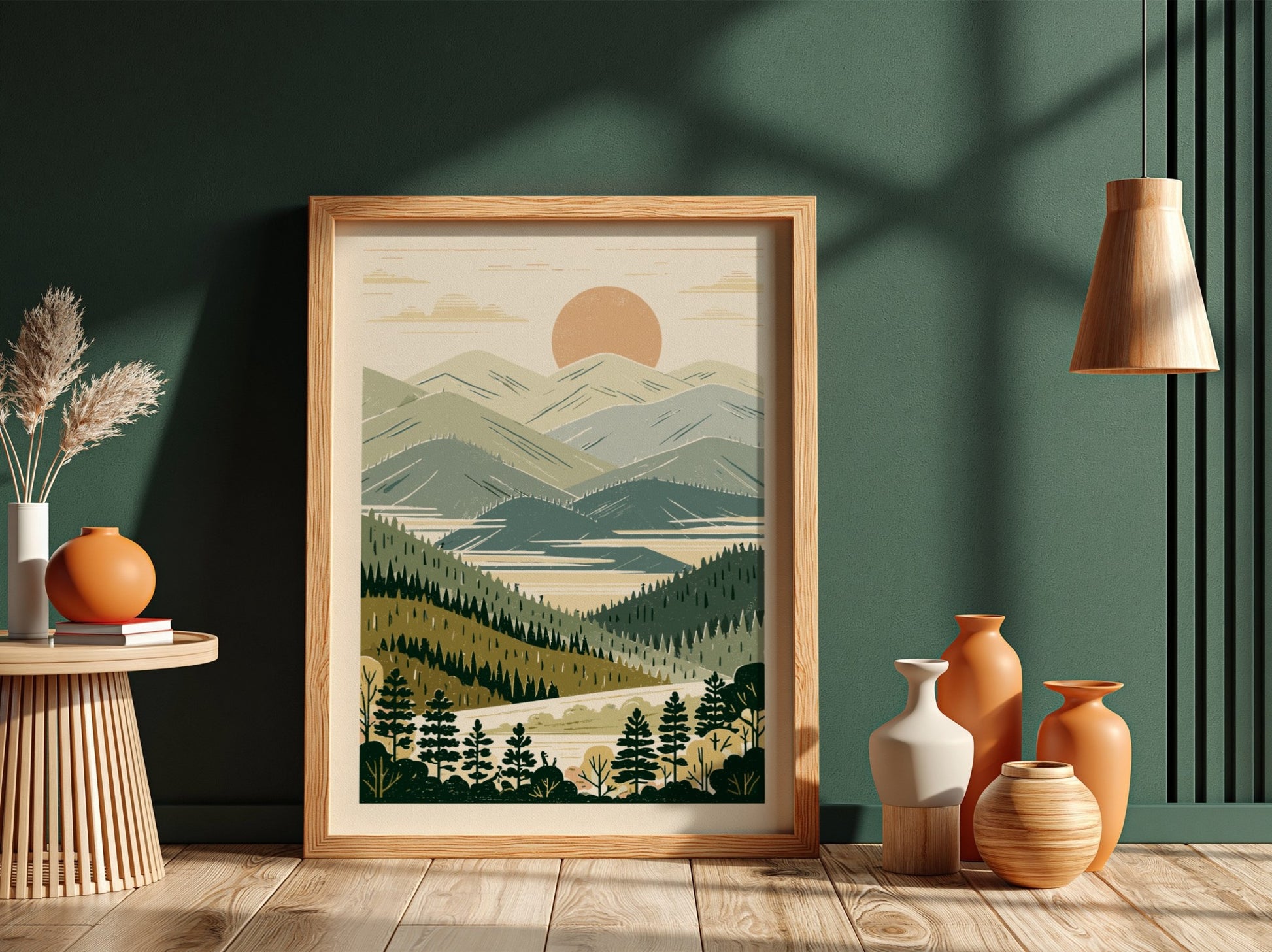 Misty Valley poster featuring a stylized landscape with mountains, lake, and forests in muted colors.
