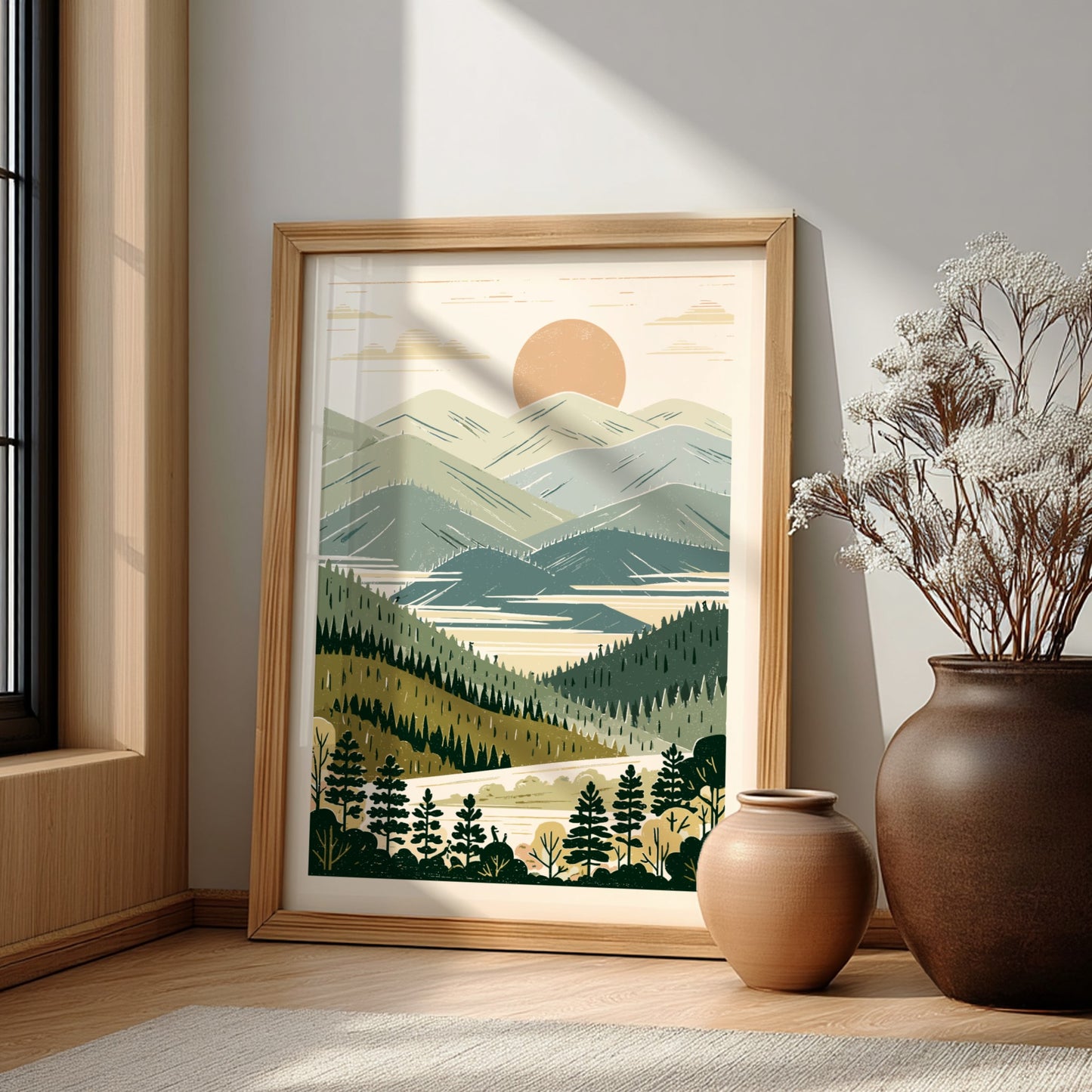 Misty Valley poster featuring a stylized landscape with mountains, lake, and forests in muted colors.