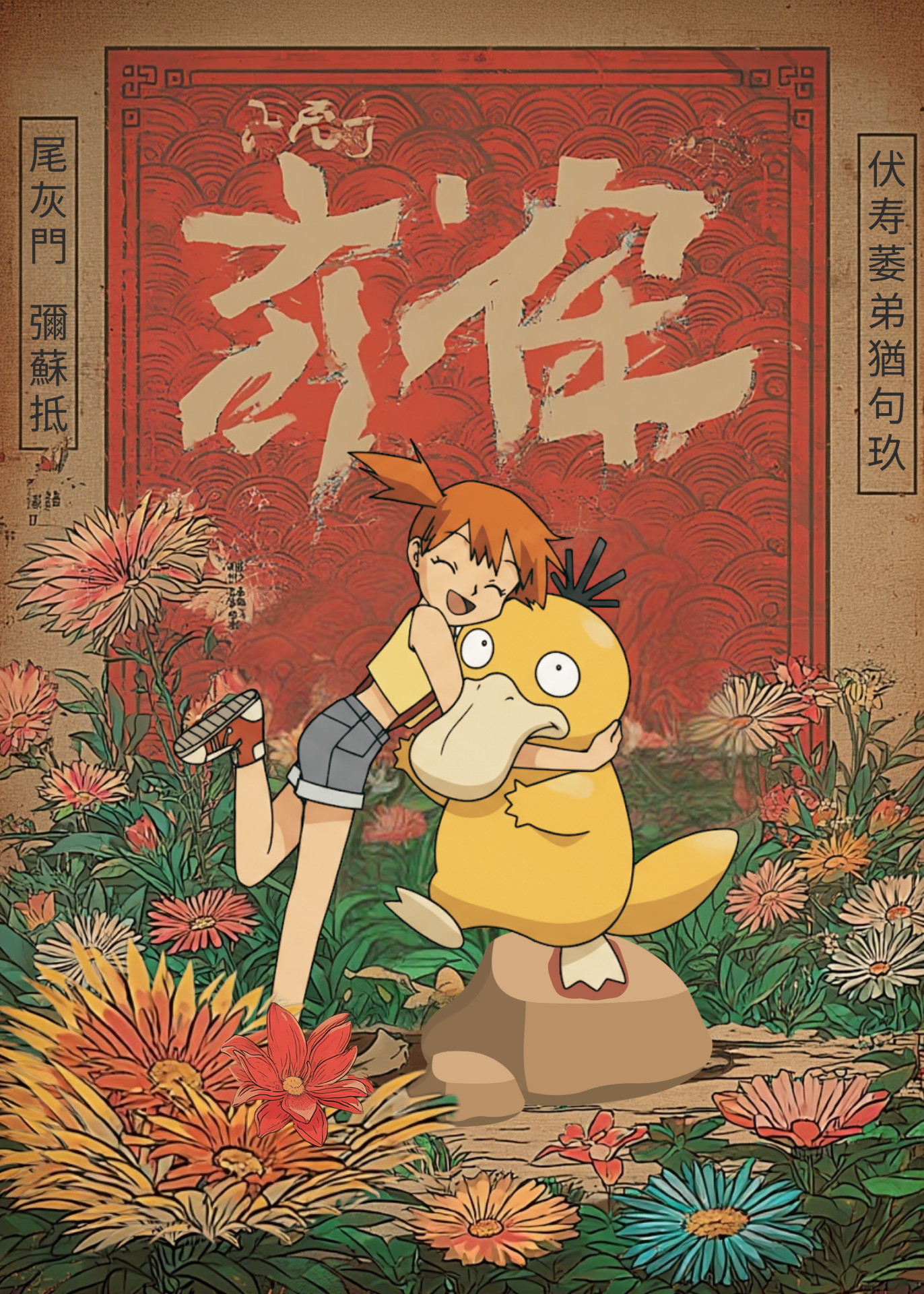 Misty and Psyduck Pokemon in a stylized garden with large Chinese characters in the background.