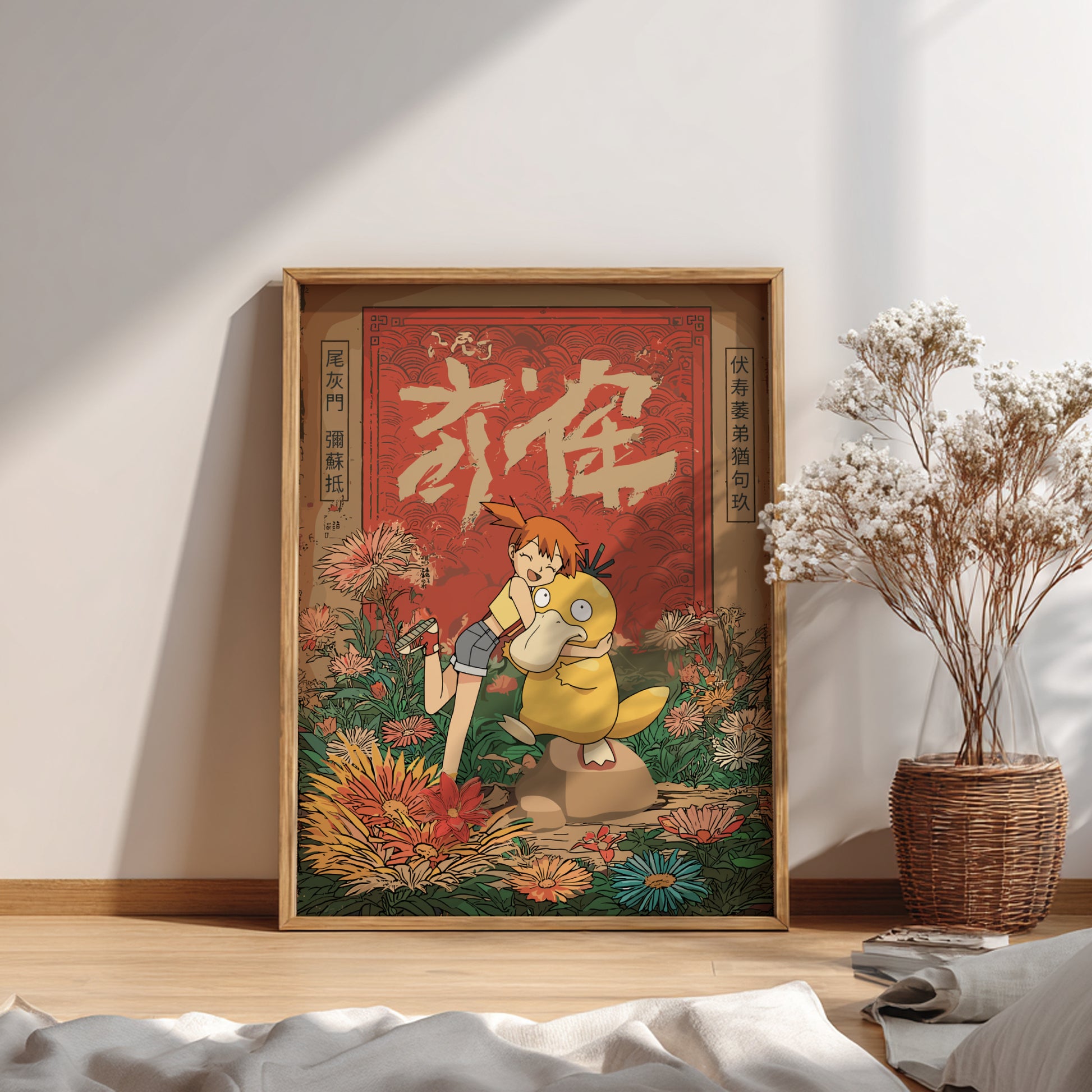 Framed artwork with Misty and Psyduck Pokemon in floral design on a wall in a room.