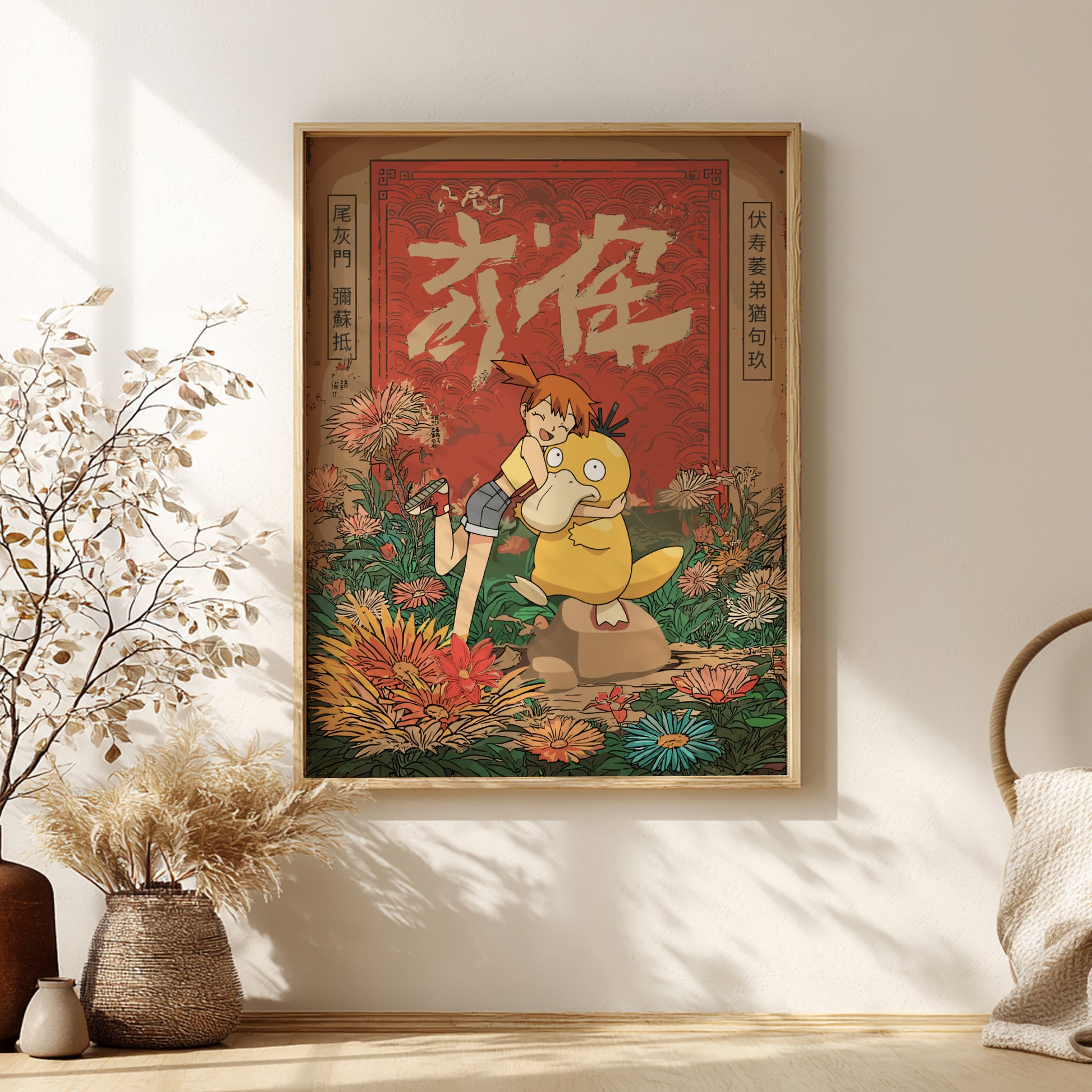 Framed artwork with Misty and Psyduck Pokemon in a garden setting, on a wall with decorative elements.
