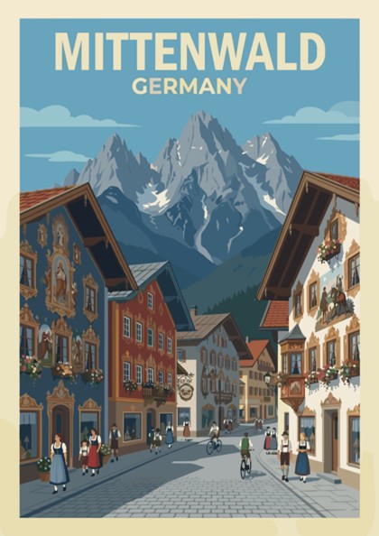 Poster of Mittenwald Germany featuring colorful fresco houses, cobblestone streets, and snowy alpine