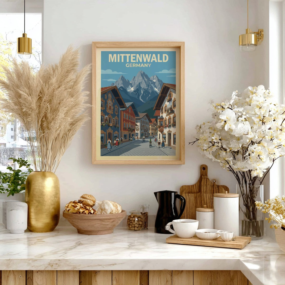 Poster of Mittenwald Germany featuring colorful fresco houses, cobblestone streets, and snowy alpine