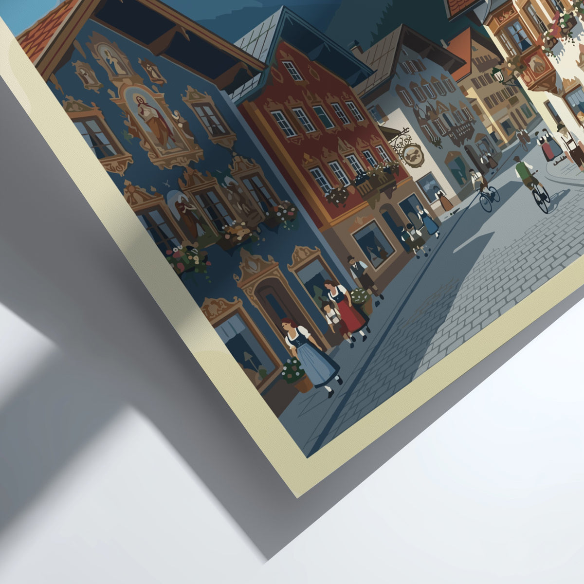 Poster of Mittenwald Germany featuring colorful fresco houses, cobblestone streets, and snowy alpine