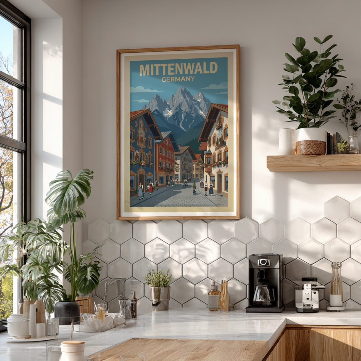 Poster of Mittenwald Germany featuring colorful fresco houses, cobblestone streets, and snowy alpine