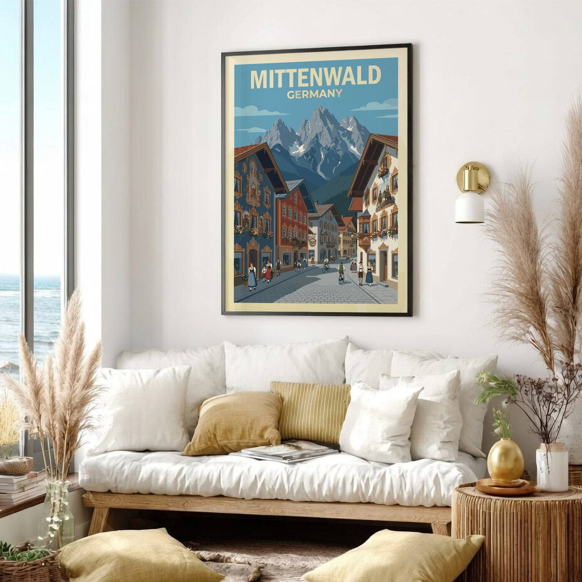 Poster of Mittenwald Germany featuring colorful fresco houses, cobblestone streets, and snowy alpine